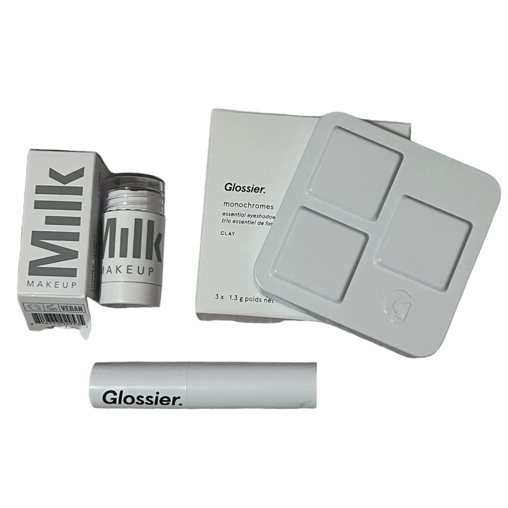 3 pack of bronze-brown Glossier and MILK makeup